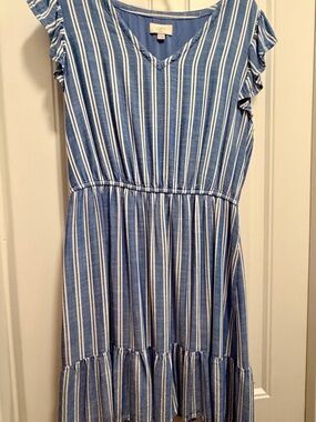 Ann Taylor LOFT Women’s Blue and White Striped V‑Neck Casual Dress